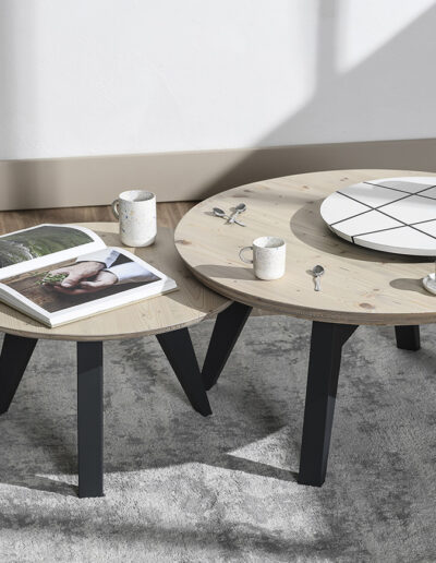 JFG Ébénisterie - Collection HIMA tables basses plateaux pivotants
